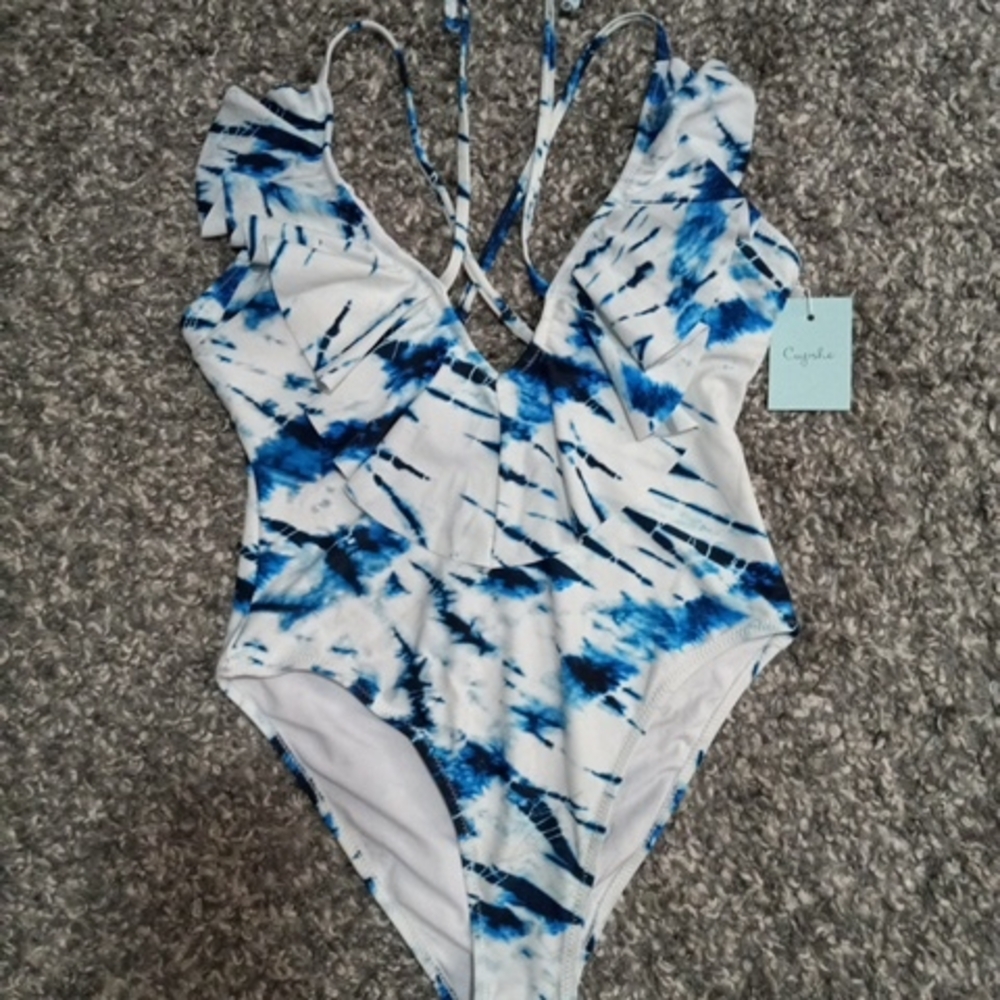 Cupshe Blue and White Tie-Dye One-Piece Swim Suit